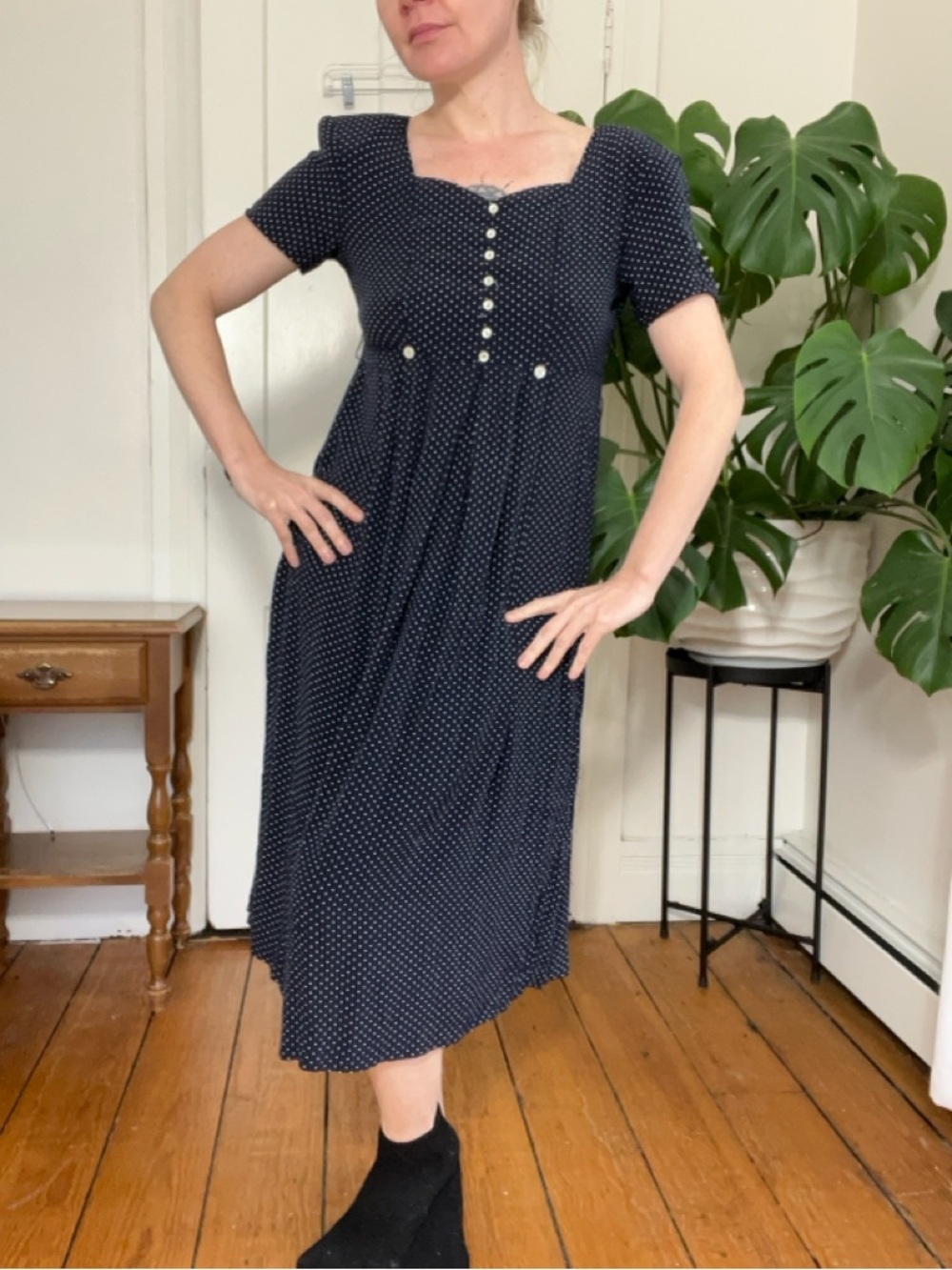 Vintage 90s Black Polka Dot Midi Dress Rayon Button Front Cottagecore Prairie M